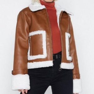 Aesthetic Women's Brown Cropped Aviator Leather Jacket