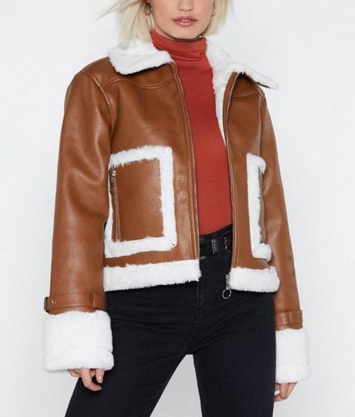 Aesthetic Women's Brown Cropped Aviator Leather Jacket