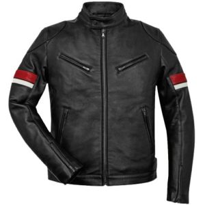 Men’s Black Cafe Racer Red and White Striped Leather Jacket