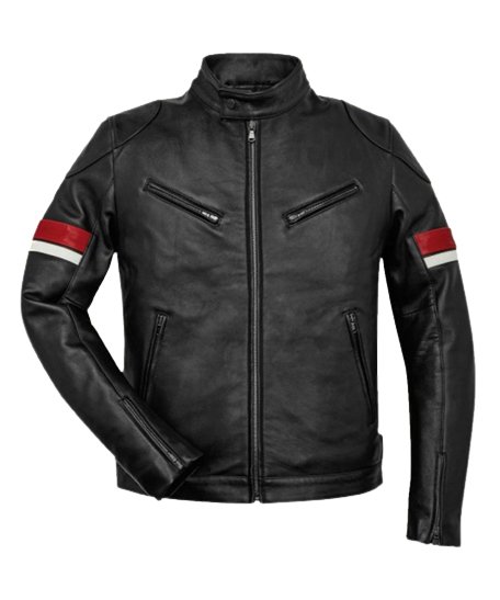 Men’s Black Cafe Racer Red and White Striped Leather Jacket