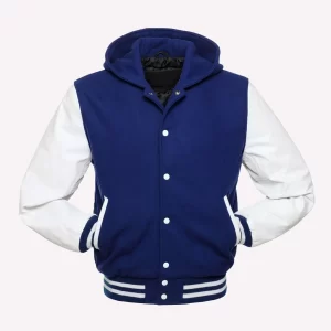 blue and white varsity jacket