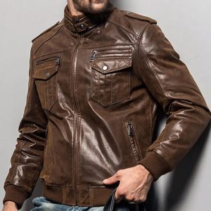 brown leather bomber jacket