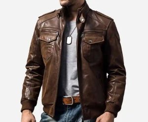 brown leather bomber jacket
