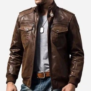 brown leather bomber jacket